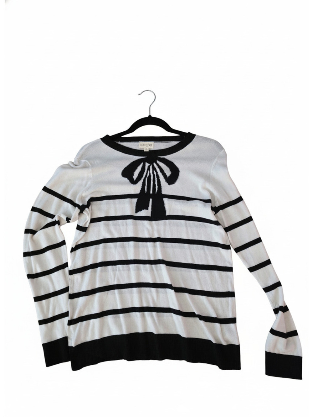 NWT Maison Jules Women's Black and White Striped Pullover Sweater, Bow Detail, L